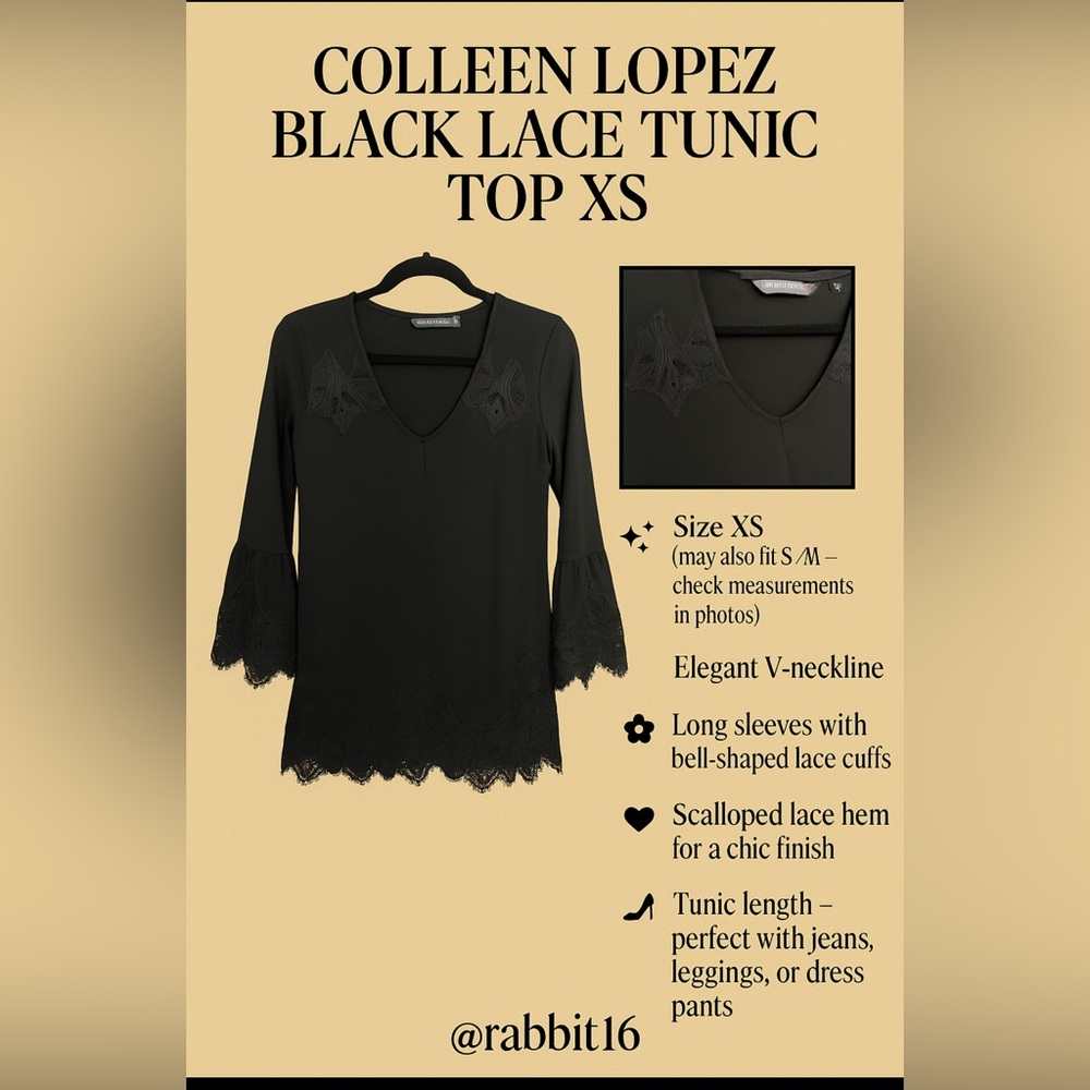 ✨ NWT Colleen Lopez Black Lace Tunic Top XS – Elegant Night Out Style